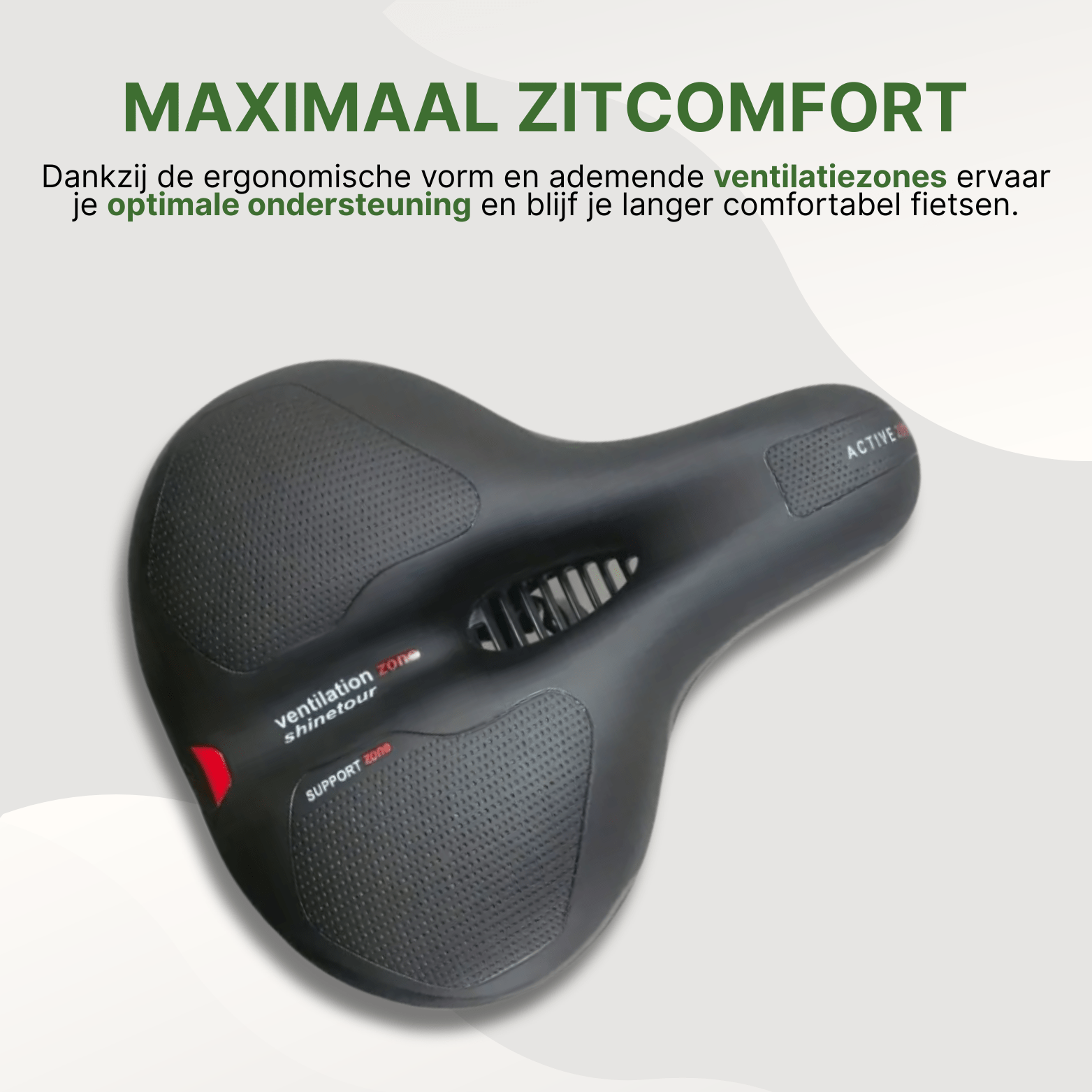 Zwart ergonomisch fietszadel met ventilatieopening en antislip zitkussens voor maximaal zitcomfort.