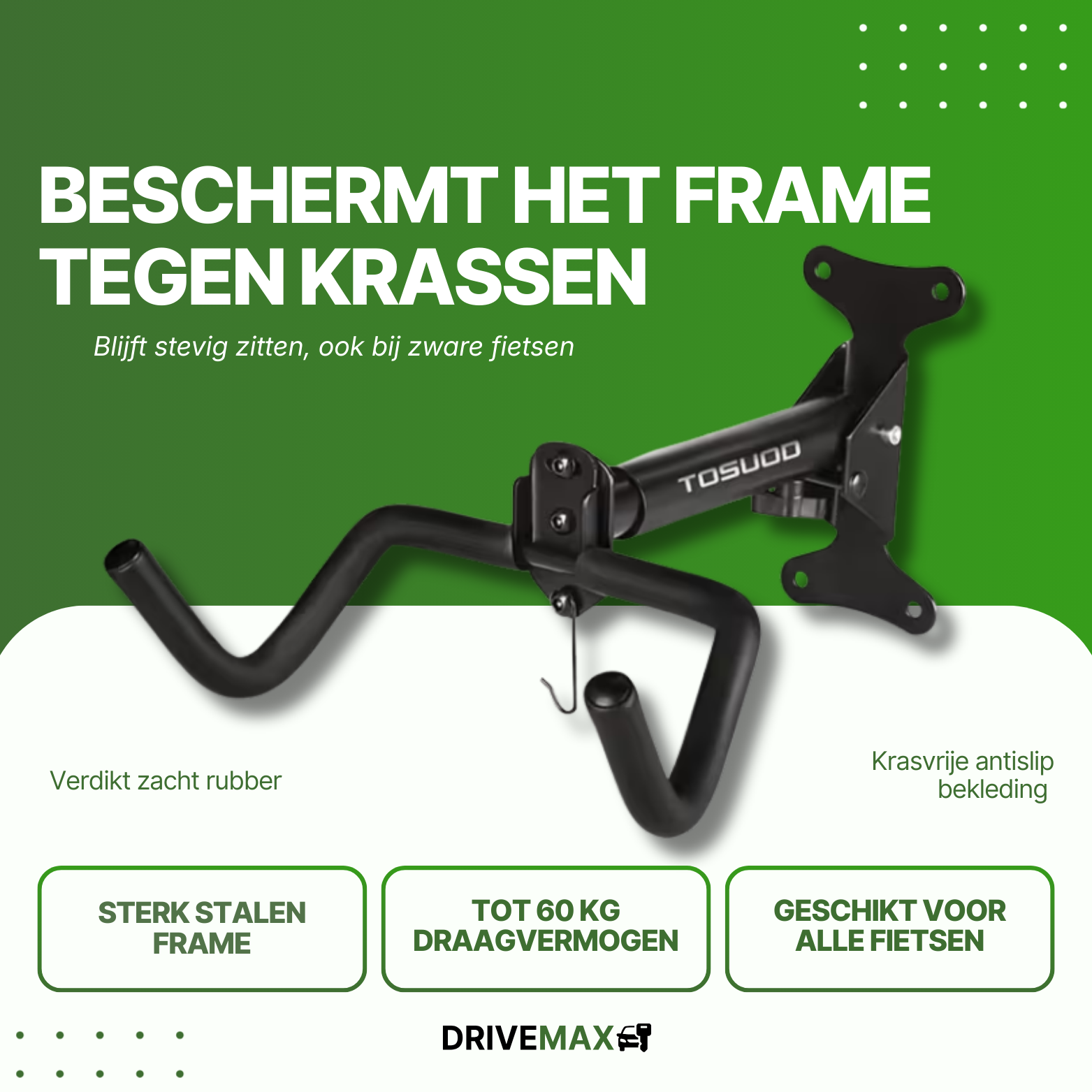 Zwart fiets ophangsysteem met rubberen haken en stalen frame, geschikt voor zware fietsen tot 60 kg.