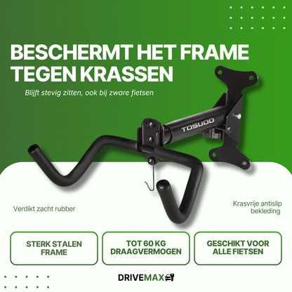 Zwart fiets ophangsysteem met rubberen haken en stalen frame, geschikt voor zware fietsen tot 60 kg.