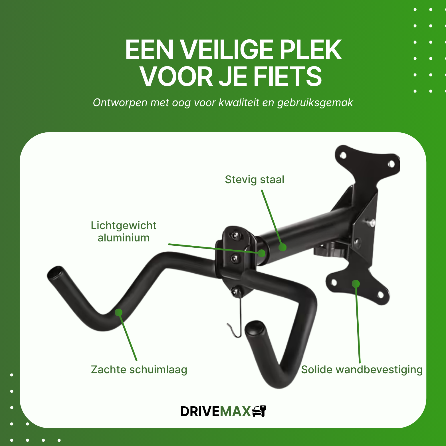 Zwart fiets ophangsysteem van aluminium en staal met schuimlaag en stevige wandmontage voor veilige opslag.