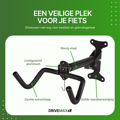 Zwart fiets ophangsysteem van aluminium en staal met schuimlaag en stevige wandmontage voor veilige opslag.