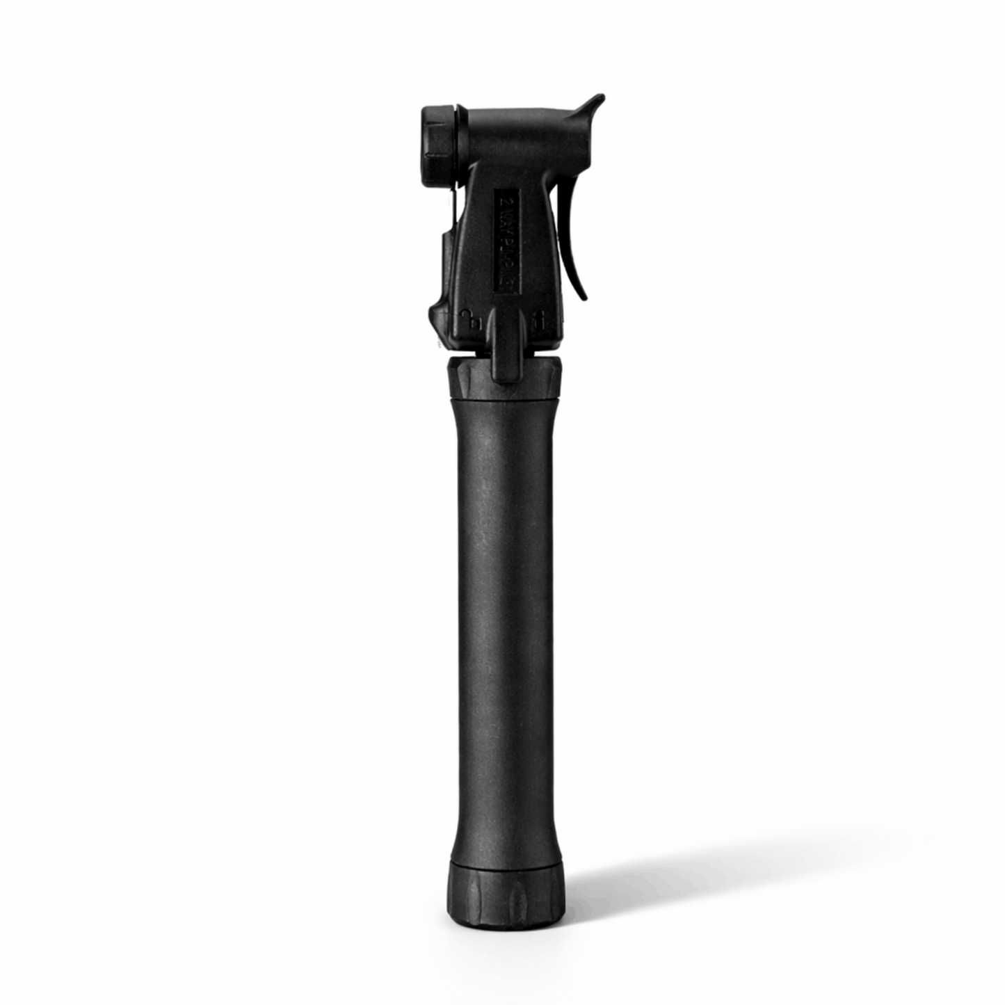 Black bicycle pump viewed from the front against a white background.