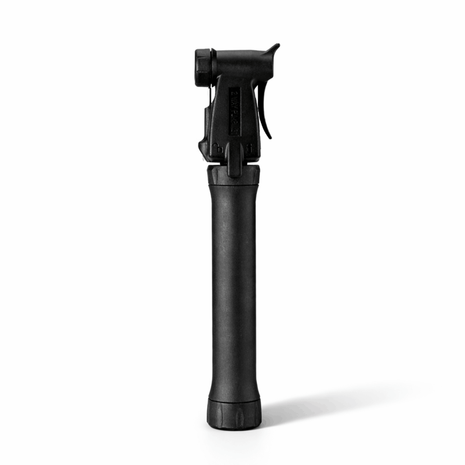 Black bicycle pump viewed from the front against a white background.