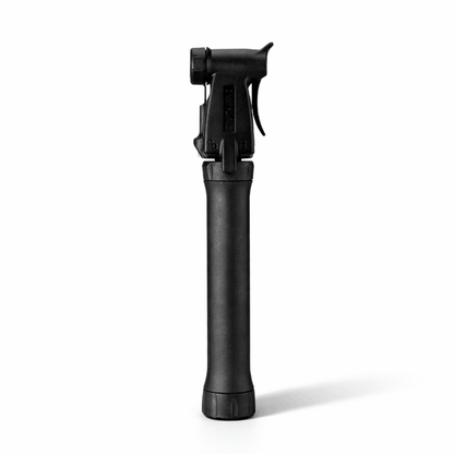 Black bicycle pump viewed from the front against a white background.