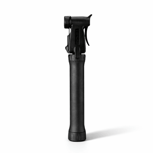Black bicycle pump viewed from the front against a white background.