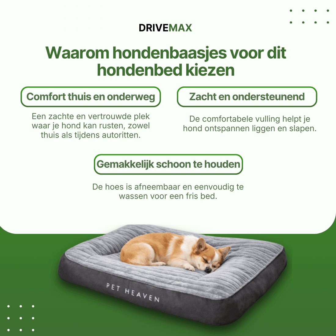 Grijze rechthoekige hondenmand met geribbeld kussen waarop een hond ontspannen ligt.
