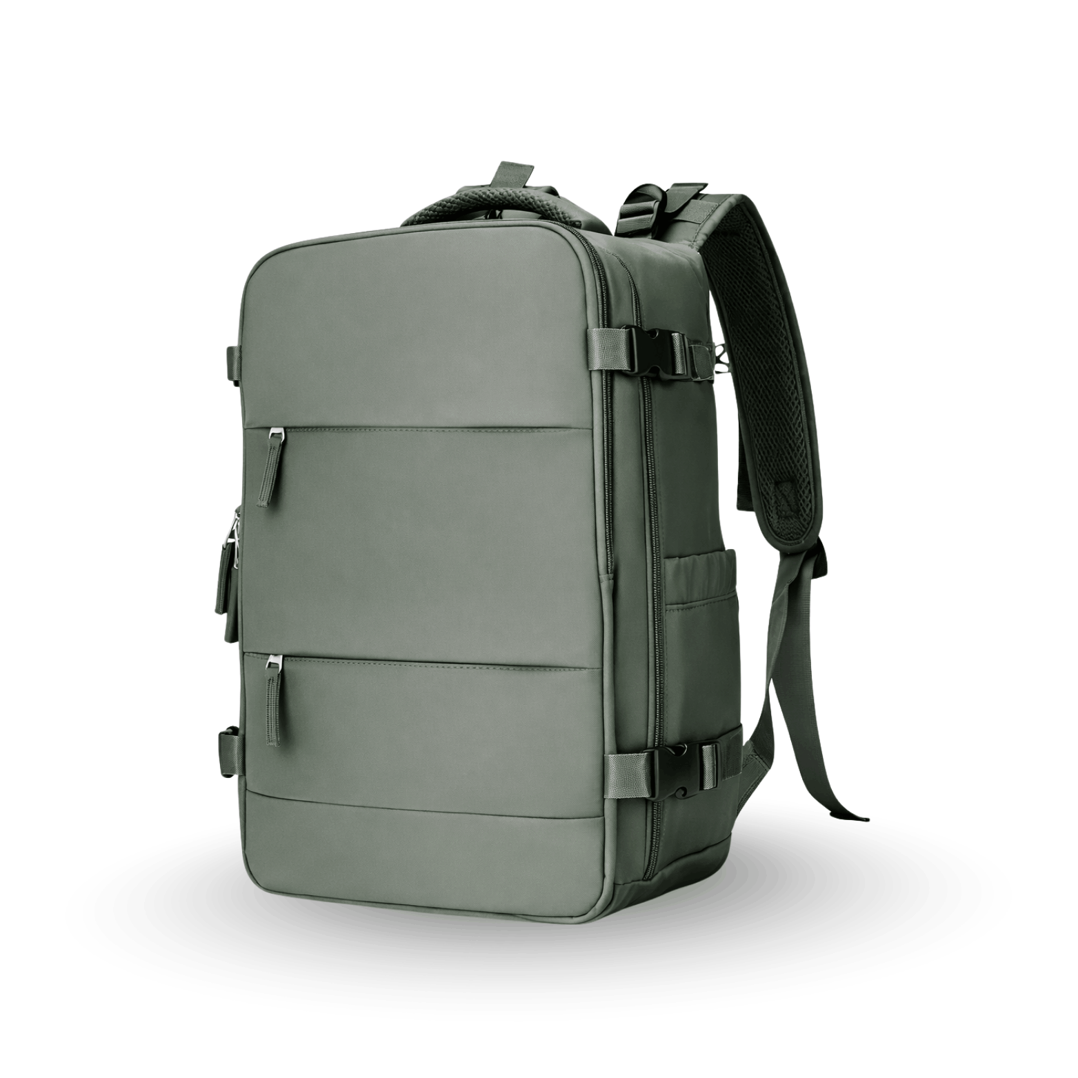 Green rectangular travel backpack with multiple zip pockets and adjustable shoulder straps.