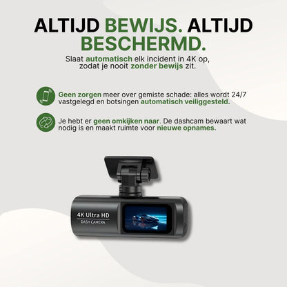 GuardianView Pro dashcam legt automatisch alle incidenten vast in 4K, met 24/7 opname en veilige opslag van belangrijke beelden zonder handmatige actie.