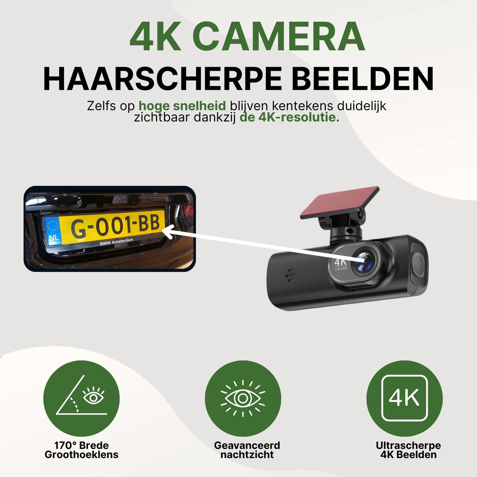 GuardianView Pro dashcam met 4K Ultra HD resolutie, 170° groothoeklens en nachtzicht voor haarscherpe kentekenregistratie, zelfs bij hoge snelheid.