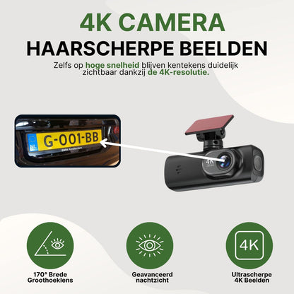GuardianView Pro dashcam met 4K Ultra HD resolutie, 170° groothoeklens en nachtzicht voor haarscherpe kentekenregistratie, zelfs bij hoge snelheid.