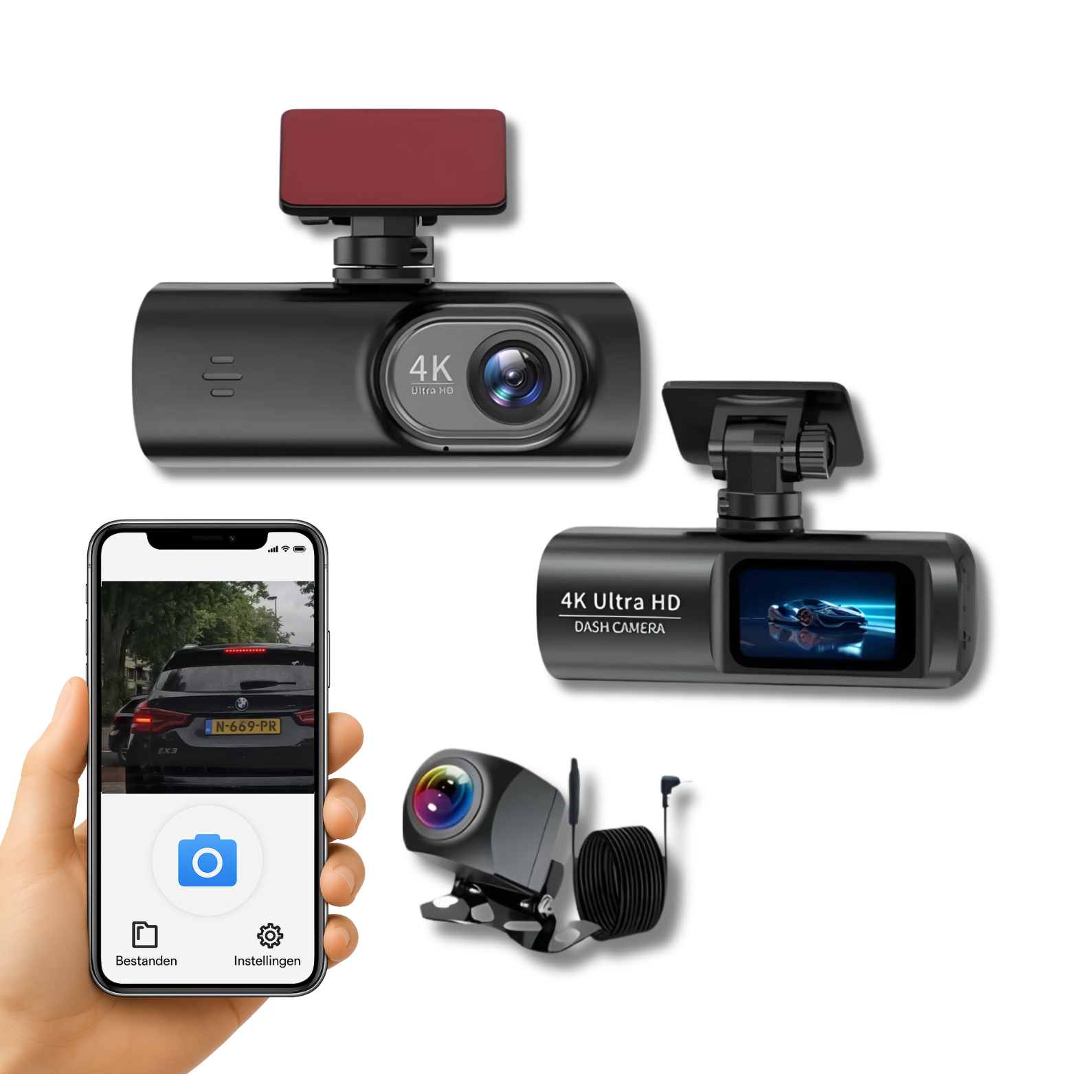 GuardianView Pro dashcam met 4K Ultra HD camera, wifi-connectie, achtercamera en mobiele app voor live meekijken, terugkijken en opslaan van beelden.