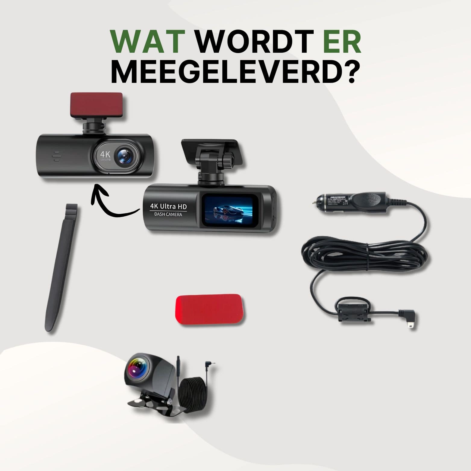 Wat wordt meegeleverd bij de GuardianView Pro dashcam: hoofdcamera, achtercamera, zuignap, oplaadkabel, montagetool en bevestigingspad.