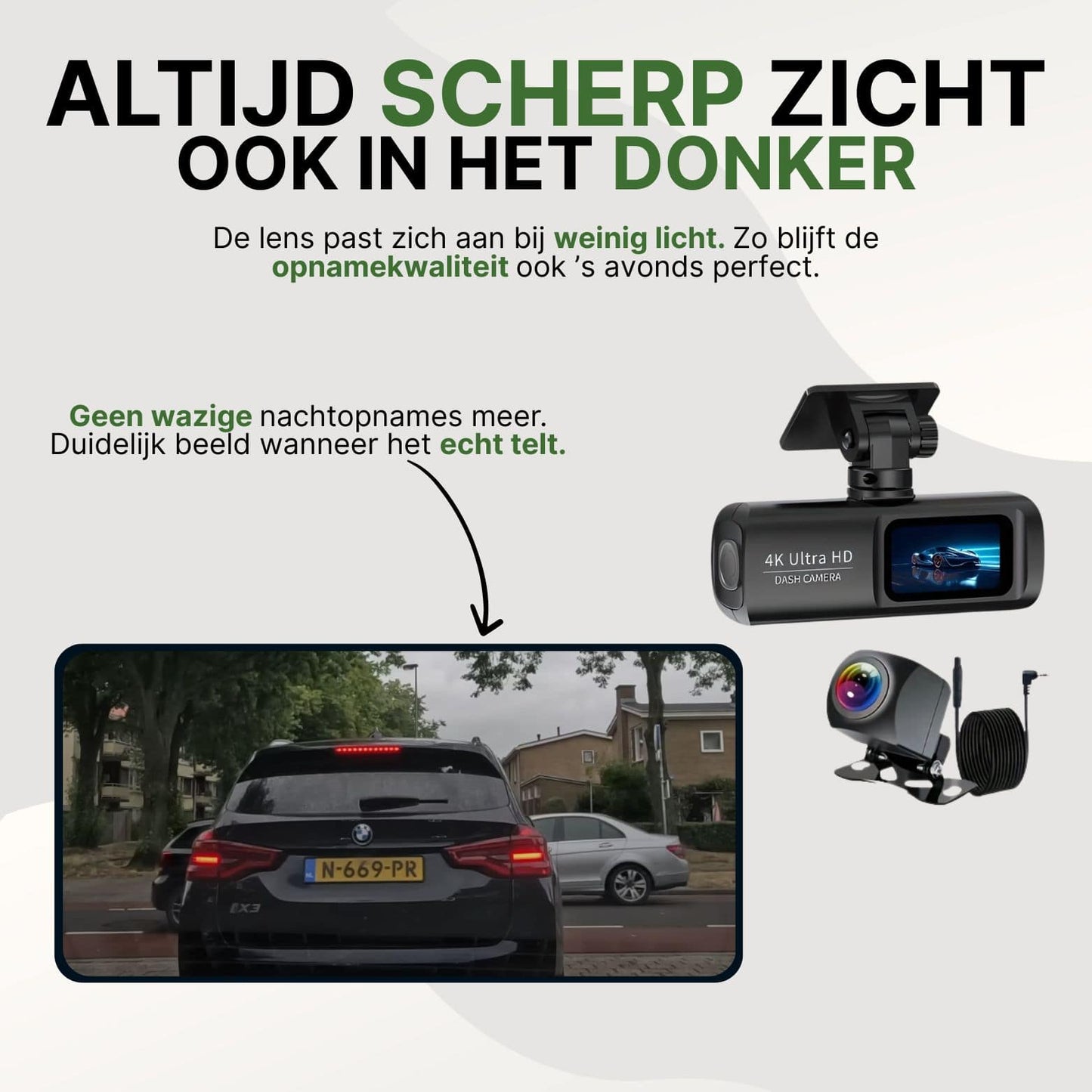 GuardianView Pro dashcam met geavanceerd nachtzicht en automatische lichtaanpassing, voor haarscherpe opnames bij weinig licht en in het donker.
