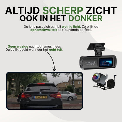 GuardianView Pro dashcam met geavanceerd nachtzicht en automatische lichtaanpassing, voor haarscherpe opnames bij weinig licht en in het donker.
