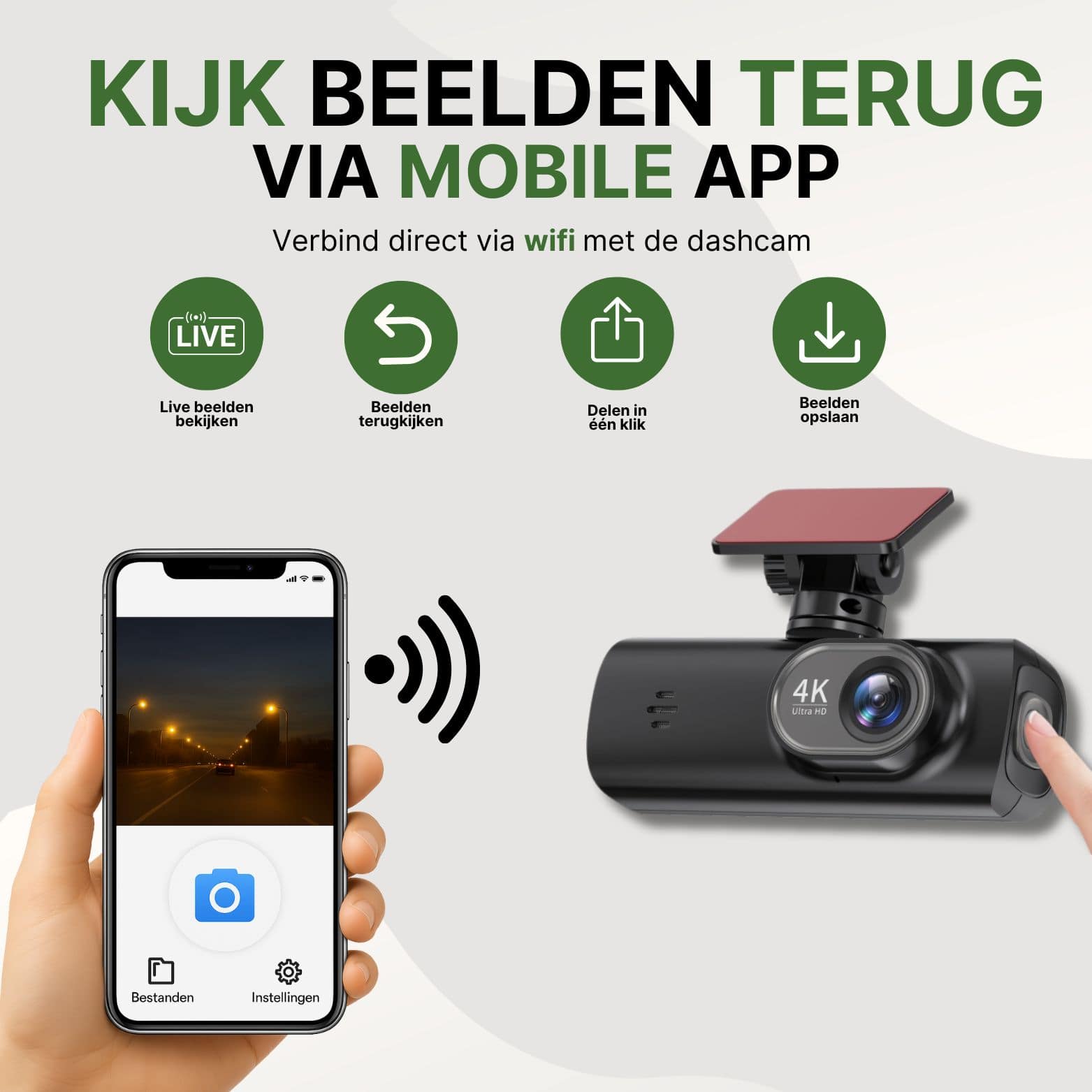 GuardianView Pro dashcam met wifi en mobiele app, waarmee je live beelden kunt bekijken, eenvoudig terugspoelen, opslaan en delen via je smartphone.