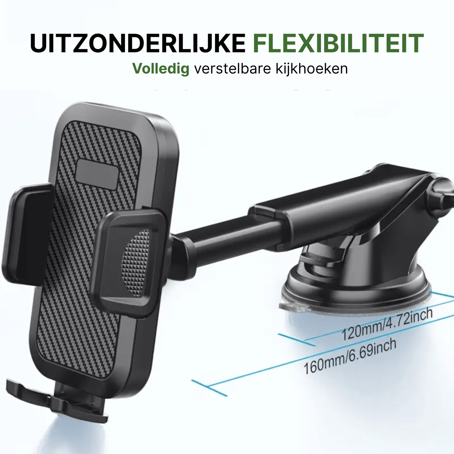 Zwarte Holdify telefoonhouder met carbonlook en uitschuifbare arm voor verstelbare kijkhoeken in de auto.