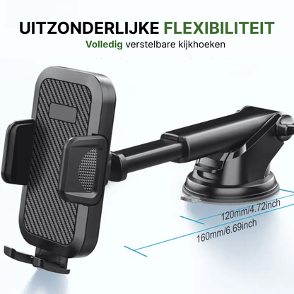 Zwarte Holdify telefoonhouder met carbonlook en uitschuifbare arm voor verstelbare kijkhoeken in de auto.