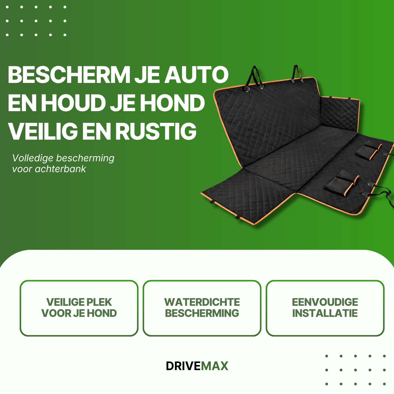 Black quilted car seat cover with orange trim shown as back seat protector for dogs.