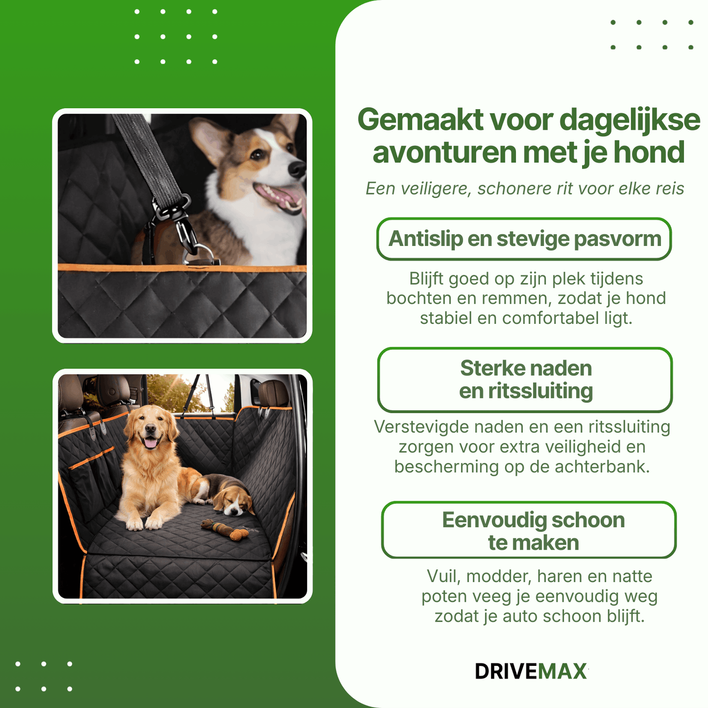 Black quilted car seat cover with orange trim protecting the back seat with dogs sitting on it.