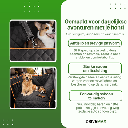 Black quilted car seat cover with orange trim protecting the back seat with dogs sitting on it.