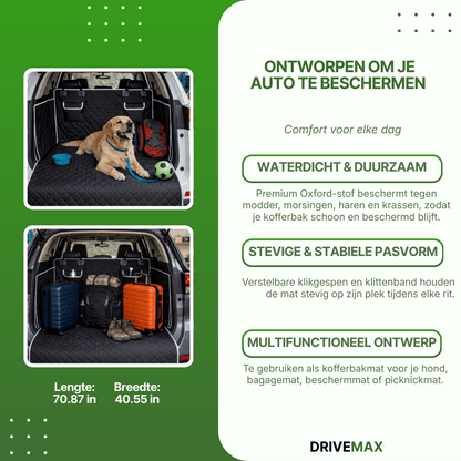 Black padded dog blanket in the car trunk with dog and placed suitcases.