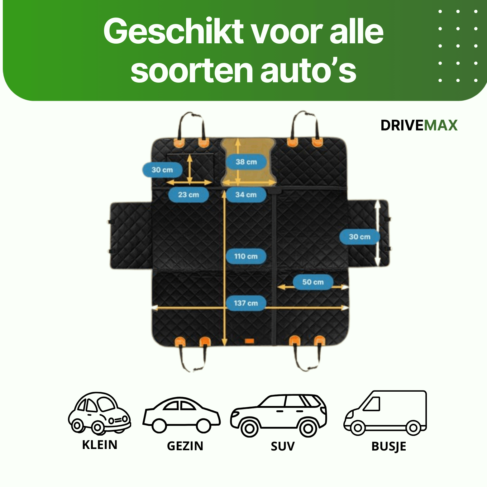 Black quilted car seat cover with orange trim displayed flat with size measurements for different car types.