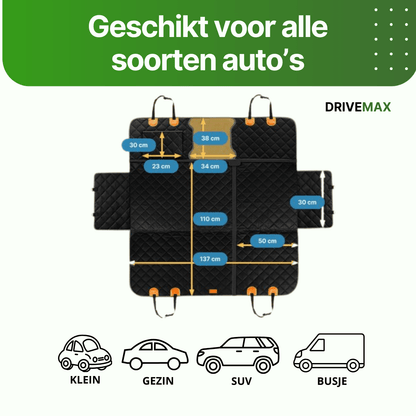 Black quilted car seat cover with orange trim displayed flat with size measurements for different car types.