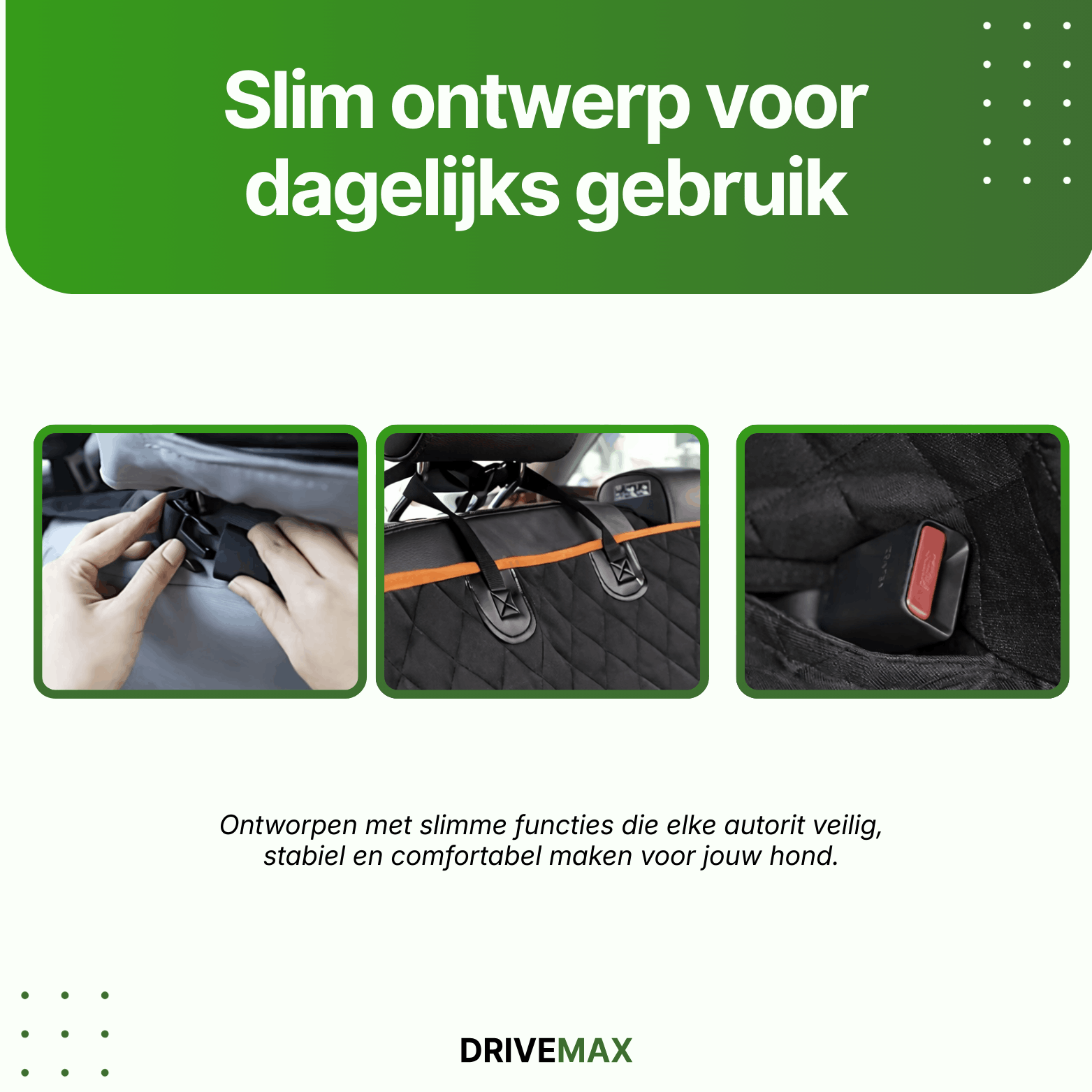 Black quilted car seat cover with orange trim showing straps, headrest clips and storage pocket.