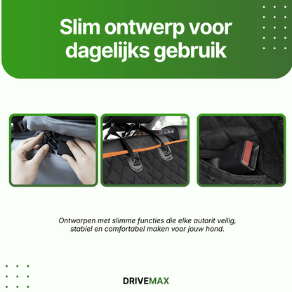 Black quilted car seat cover with orange trim showing straps, headrest clips and storage pocket.