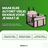 Brown dog car seat with mesh sides displayed on green promotional background with travel safety text.