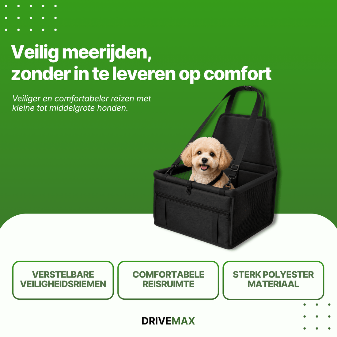 Dog bed placed in a car, side view with the seat belt fastened