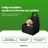Dog bed placed in a car, side view with the seat belt fastened