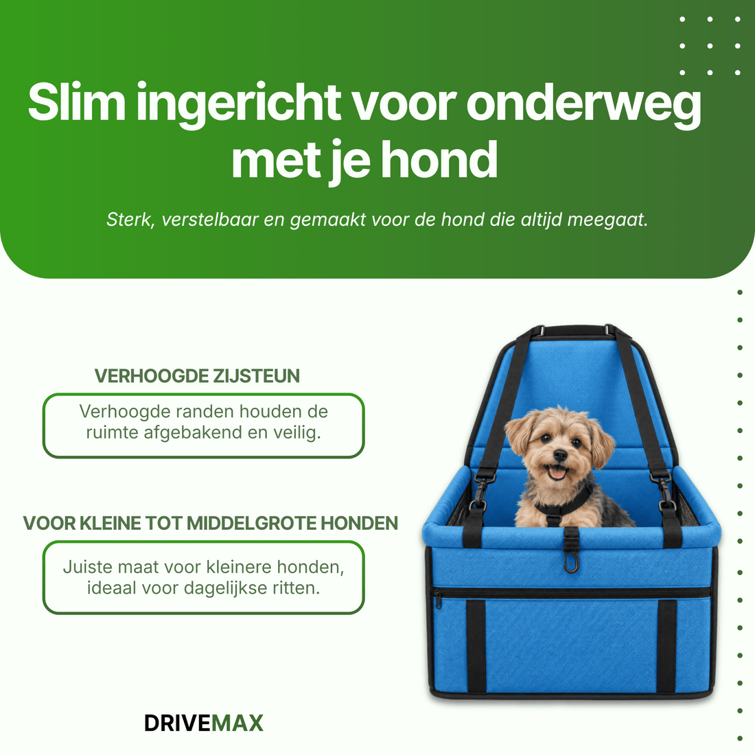 Small dog calmly sitting in a dog bed in a car while traveling