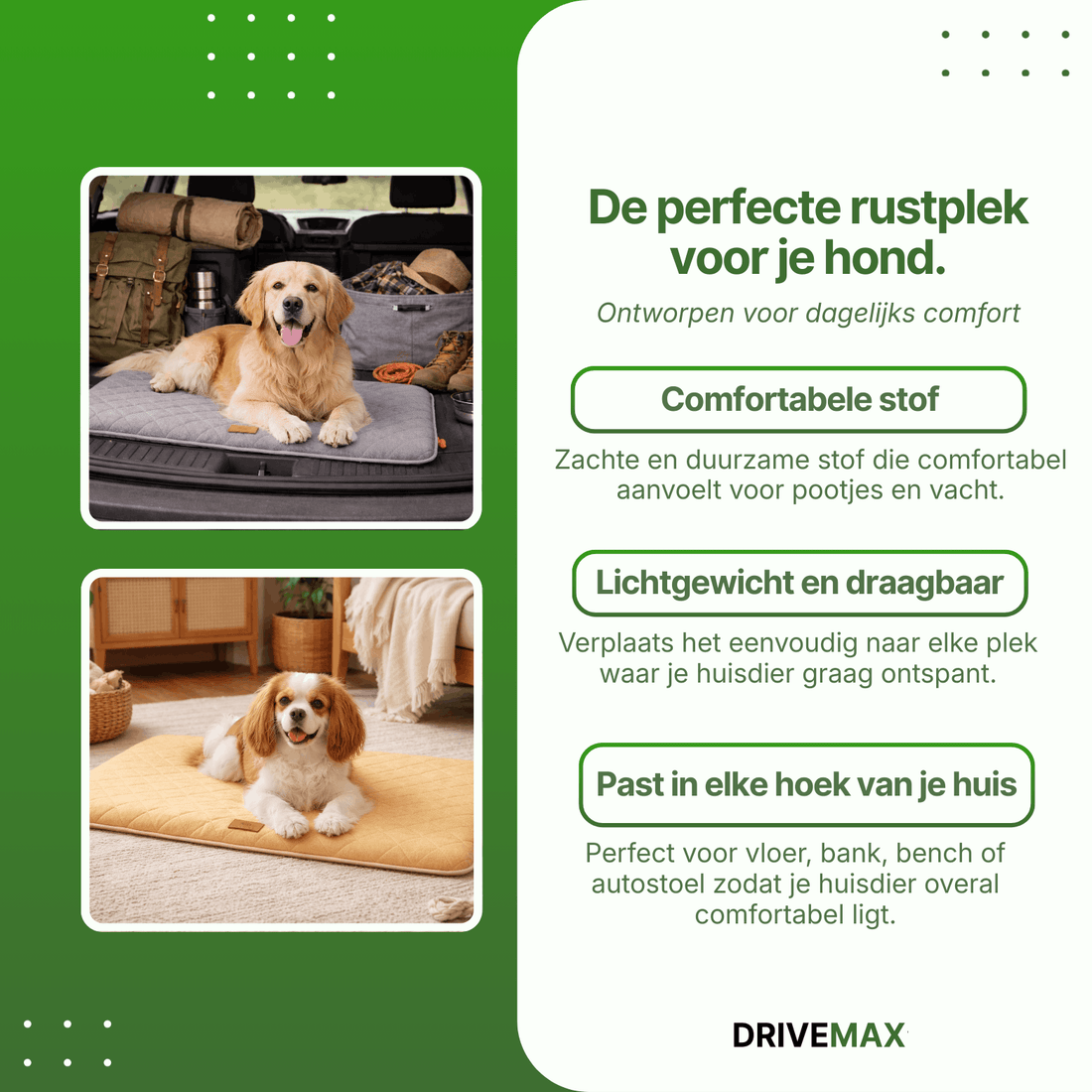 Dog seat cushion used in a car trunk and at home, showing dogs resting comfortably on the quilted mat.
