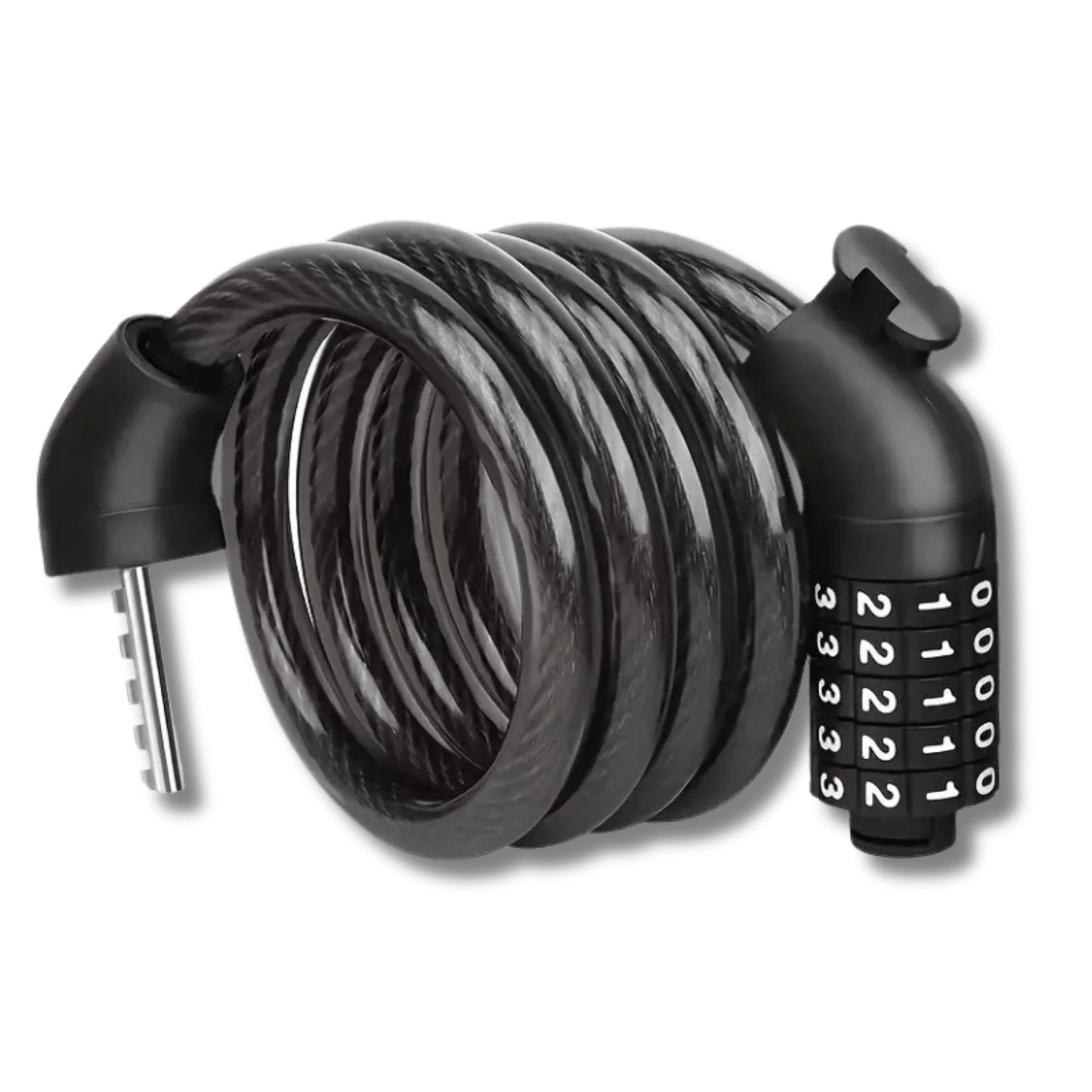 Zwart LockMaster kabelslot met cijfercode, opgerold en klaar voor gebruik aan fiets of scooter.