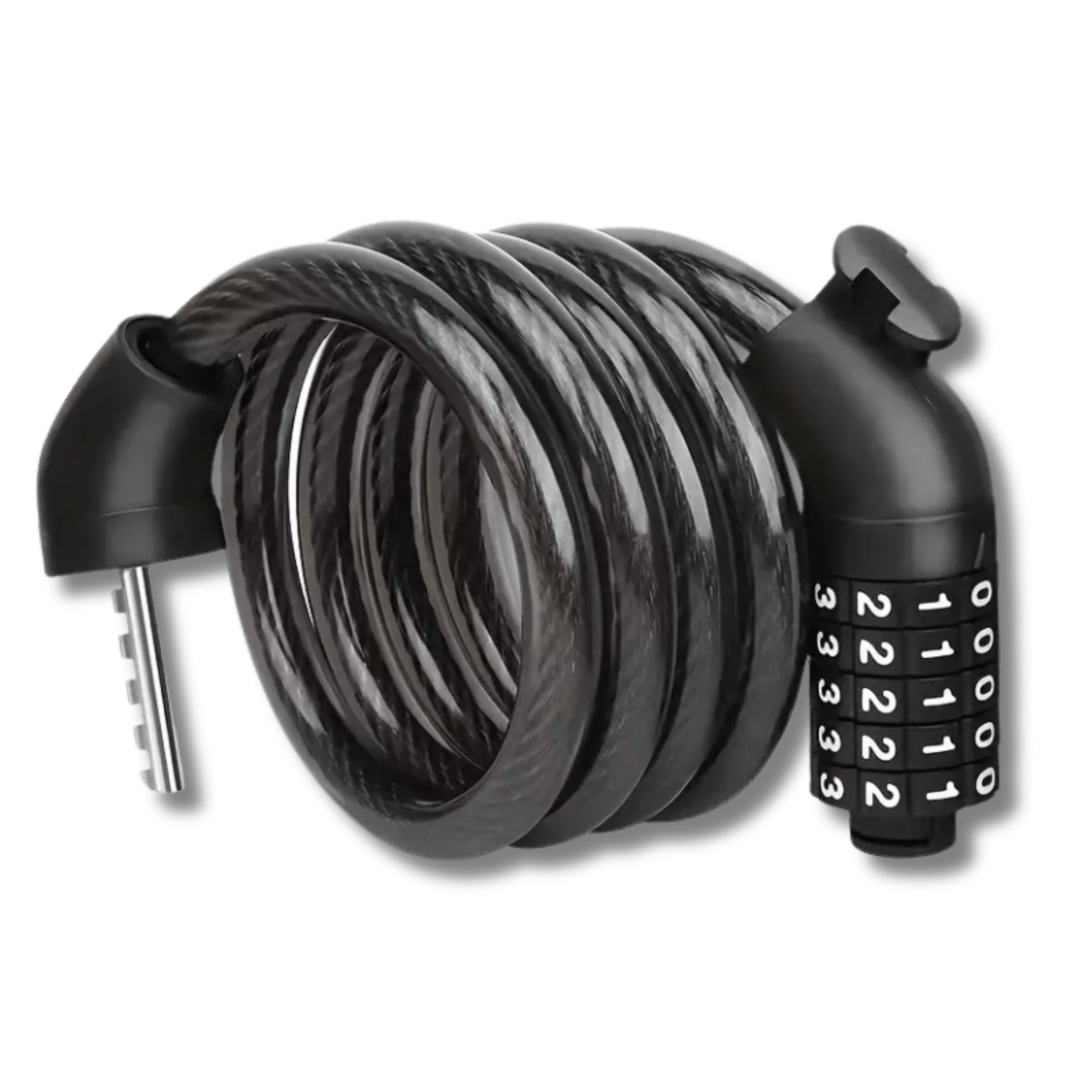 Zwart LockMaster kabelslot met cijfercode, opgerold en klaar voor gebruik aan fiets of scooter.