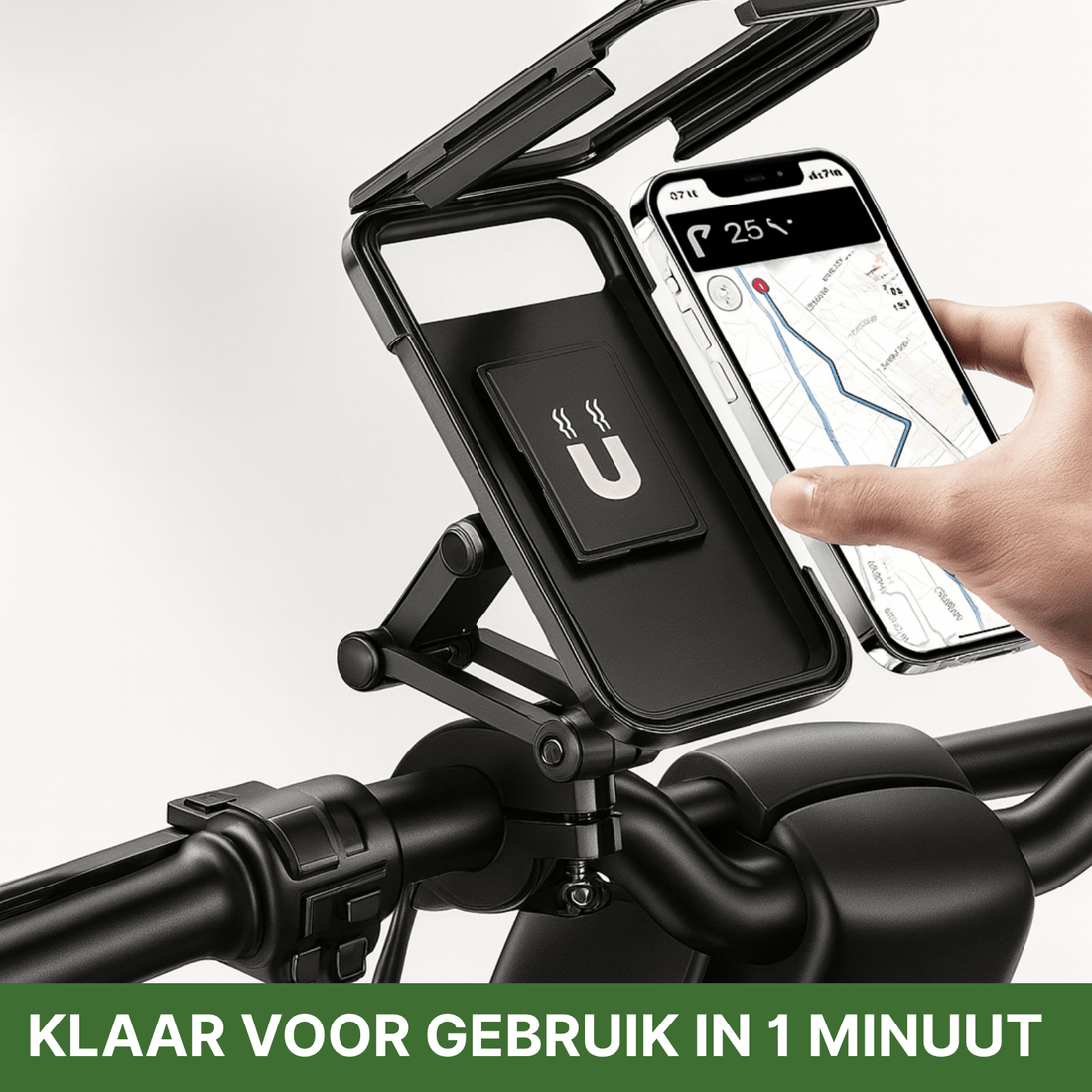 Black magnetic phone holder for the bike handlebar, with an open flap and a hand placing a smartphone.