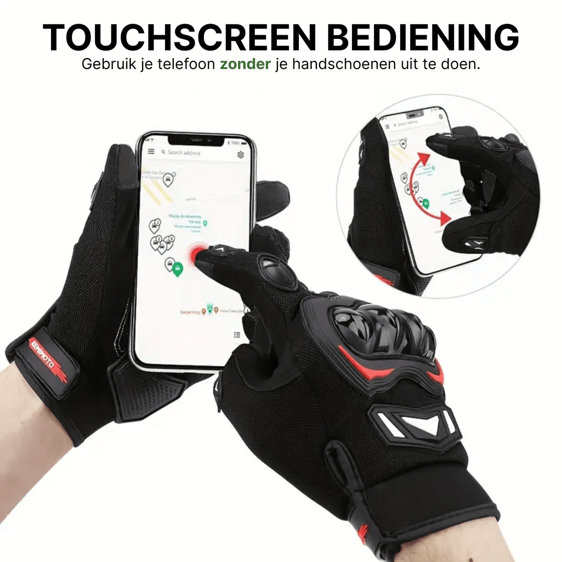 Black MotoGrip motorcycle gloves with red accents used for operating a smartphone with a touchscreen.