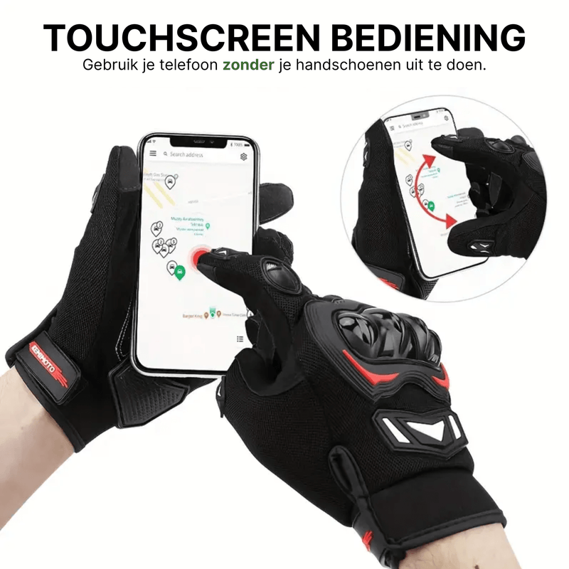Black MotoGrip motorcycle gloves with red accents used for operating a smartphone with a touchscreen.