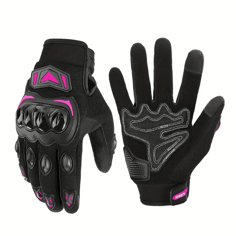 Black MotoGrip motorcycle gloves with pink accents and hard knuckle protection, front view and palm side.