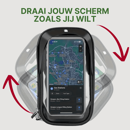 MotoShield waterdichte telefoonhouder met 360 graden draaifunctie en navigatiescherm in portretstand.