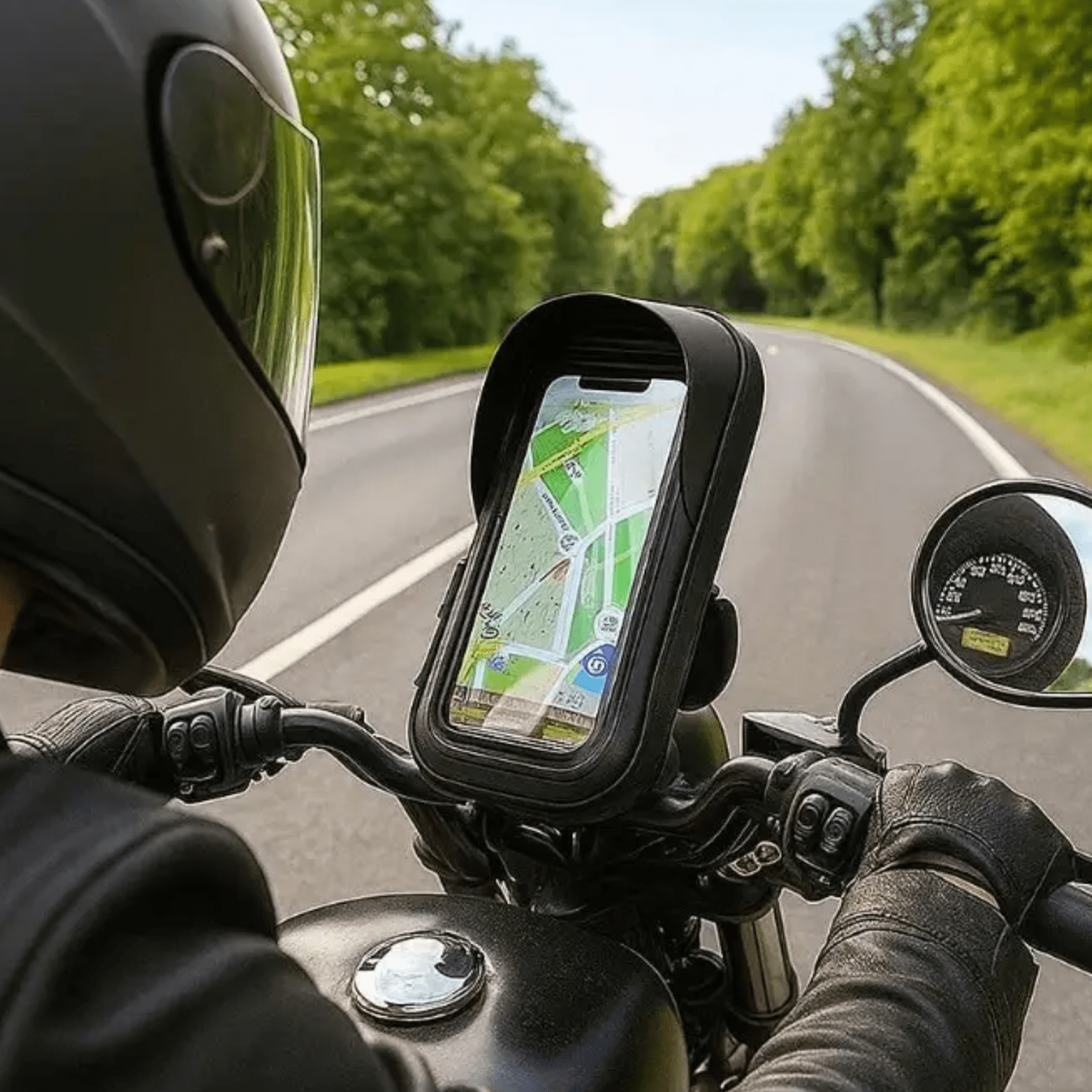 MotoShield waterdichte telefoonhouder gemonteerd op motorstuur met navigatie in gebruik tijdens het rijden.