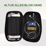 MotoShield waterproof phone holder unfolded with space for cards, earbuds, and smartphone.