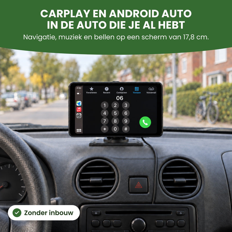 Navion One CarPlay screen showing the phone keypad on the dashboard of an older car: CarPlay and Android Auto in the car you already own