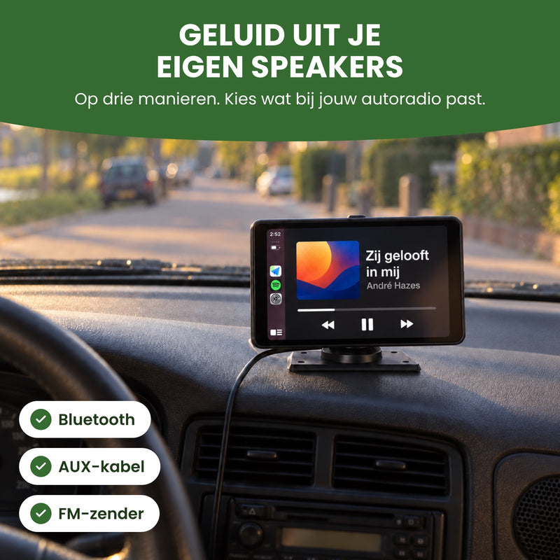 Navion One showing a music player above the car stereo: sound through your car speakers via Bluetooth, AUX cable, or FM transmitter