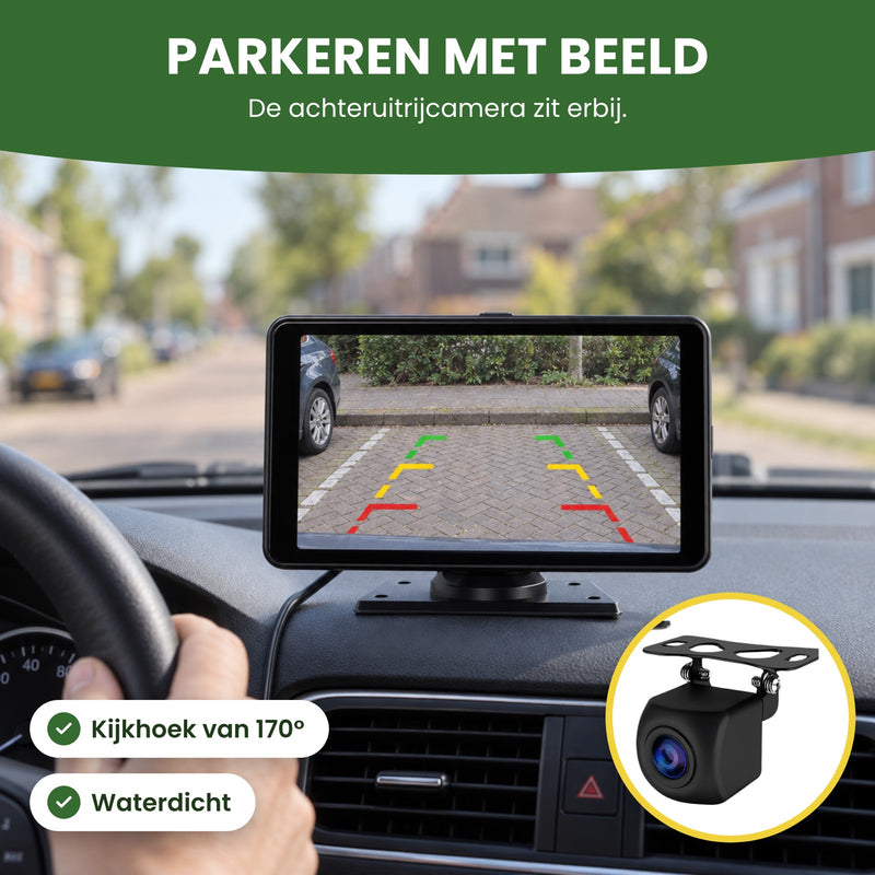 Navion One showing the rearview camera image with guide lines while backing into a parking space: see behind you when you park