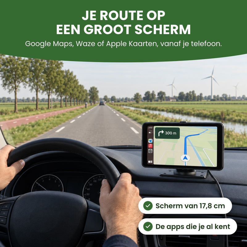 Navion One showing navigation on a two-lane country road: your route on a 7-inch screen