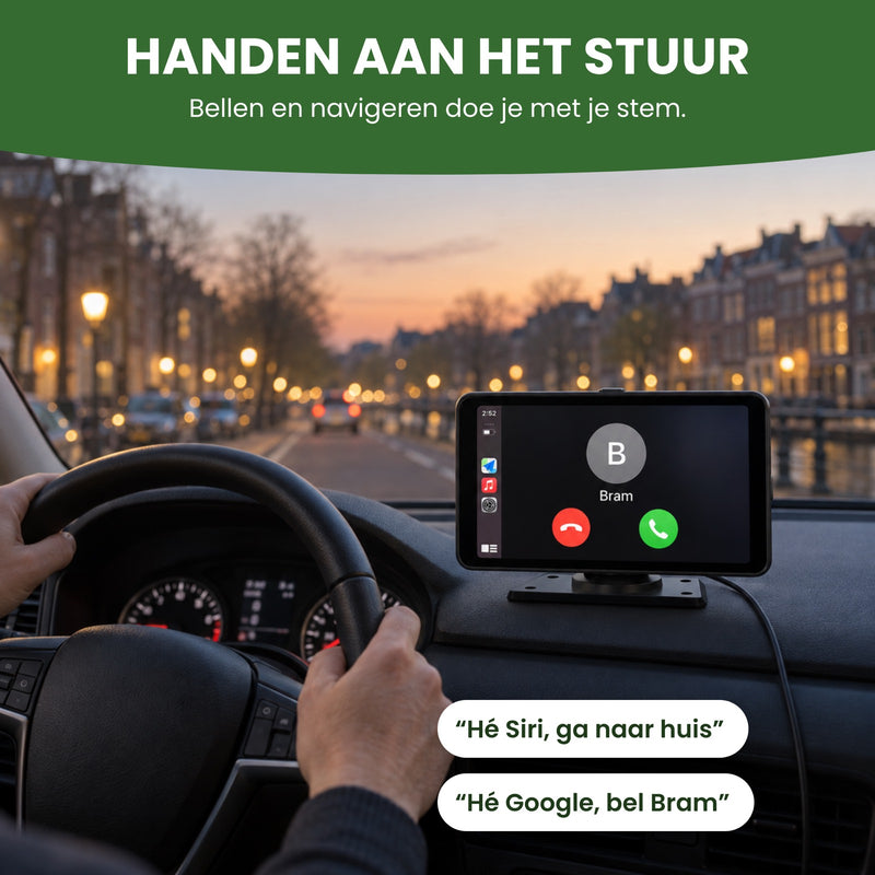 Navion One showing an incoming call with both hands on the wheel: make calls and get directions with your voice