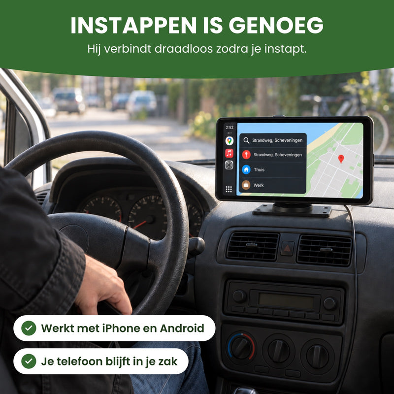 Driver getting into the car while the Navion One shows an address in Maps: it connects wirelessly the moment you get in