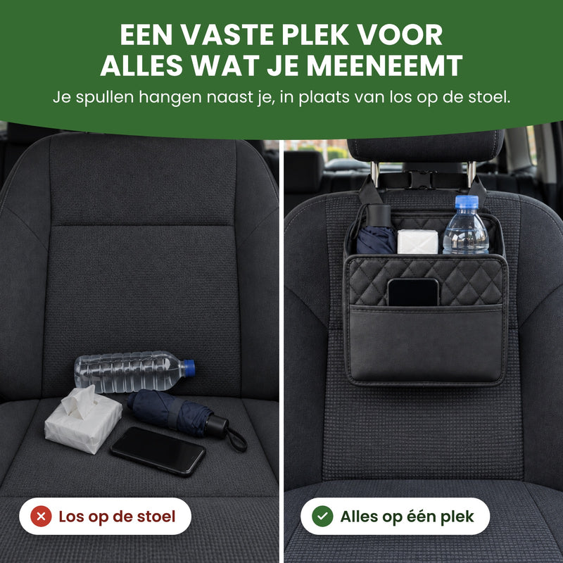 Left: a bottle, tissues, an umbrella and a phone loose on a car seat. Right: they hang in the Navorra organizer. A spot for everything you bring along